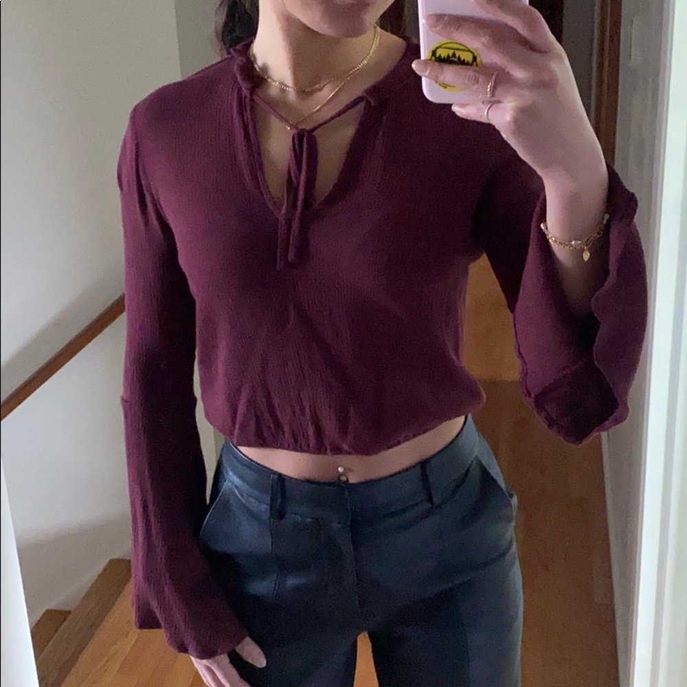 burgundy blouse with neck tie